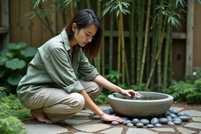 Femme aménageant un bassin en céramique avec galets dans un jardin zen à la maison entouré de bambous