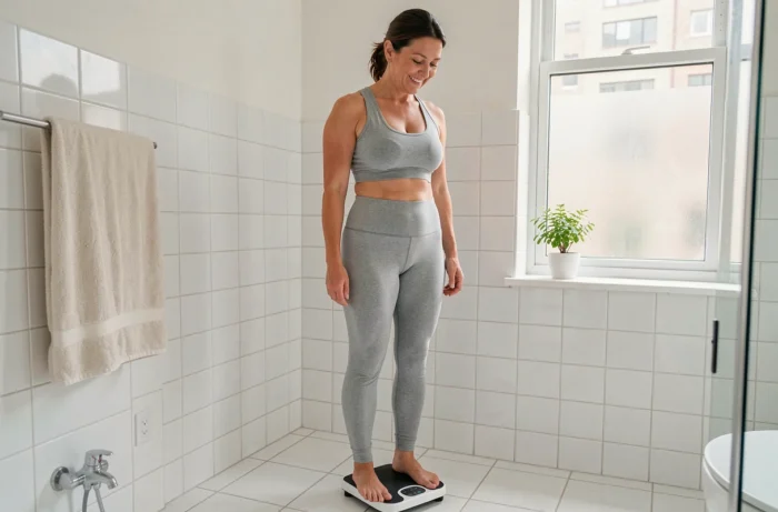 Femme souriante debout sur une balance dans une salle de bain, illustrant un parcours de perte de poids grâce à l'auriculothérapie