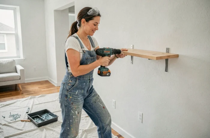 Femme bricolant et fixant une étagère murale en bois dans un appartement moderne avec une perceuse sans fil