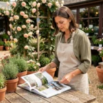 Femme consultant un catalogue de jardinerie dans un espace de vente de plantes en plein air