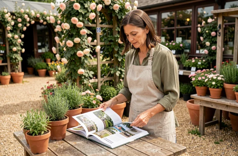 Femme consultant un catalogue de jardinerie dans un espace de vente de plantes en plein air