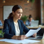 Femme professionnelle consultant des documents sur les aides à la formation professionnelle dans un espace de coworking moderne