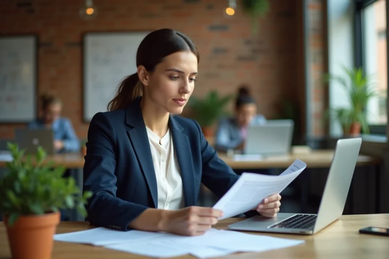 Femme professionnelle consultant des documents sur les aides à la formation professionnelle dans un espace de coworking moderne