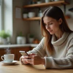 Femme consultant son smartphone pour découvrir les fêtes et célébrations du jour dans une cuisine chaleureuse