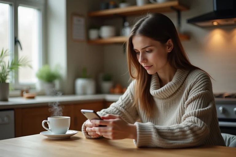 Femme consultant son smartphone pour découvrir les fêtes et célébrations du jour dans une cuisine chaleureuse