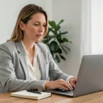 Femme consultant son compte CPF sur un ordinateur portable dans un bureau à domicile pour financer une formation professionnelle