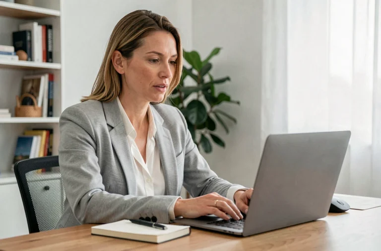Femme consultant son compte CPF sur un ordinateur portable dans un bureau à domicile pour financer une formation professionnelle