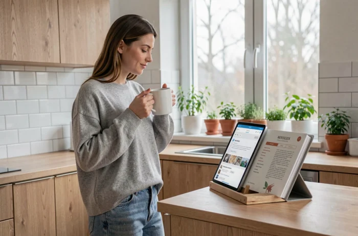 Femme dans une cuisine scandinave consultant le plan du site d'un blog sur une tablette posée sur un support