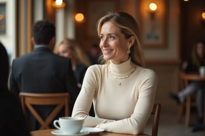 Femme élégante et souriante attablée dans un café parisien, symbolisant la discrétion et le charme de la compagne d'une personnalité comique