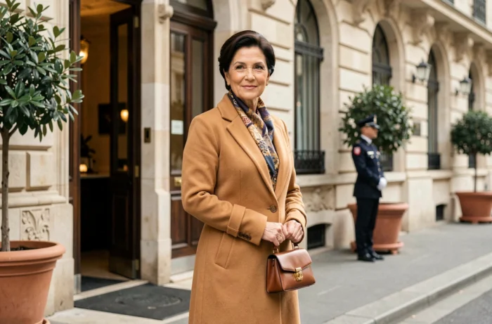 Femme élégante et discrète devant l'entrée d'un grand hôtel parisien, silhouette raffinée évoquant une romance secrète et une vie privilégiée