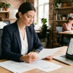 Femme entrepreneur analysant un business plan imprimé et en PDF sur son bureau dans un espace de coworking