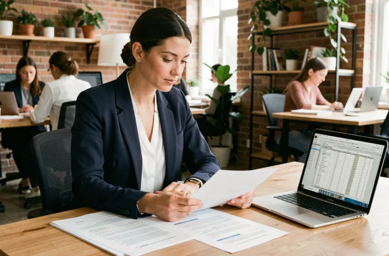 Femme entrepreneur analysant un business plan imprimé et en PDF sur son bureau dans un espace de coworking