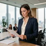 Femme entrepreneure confiante en blazer marine examinant des documents dans un bureau moderne avec vue sur la ville