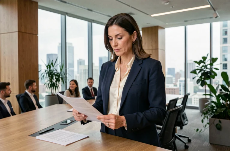 Femme entrepreneure confiante en blazer marine examinant des documents dans un bureau moderne avec vue sur la ville