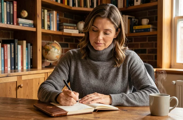 Entrepreneuse réfléchie écrivant dans un journal dans un bureau à domicile chaleureux et inspirant