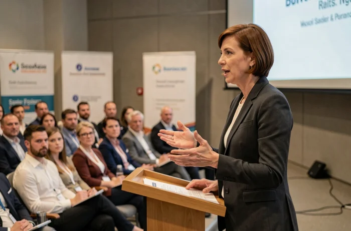 Femme entrepreneuse prenant la parole lors d'une conférence professionnelle devant un public attentif