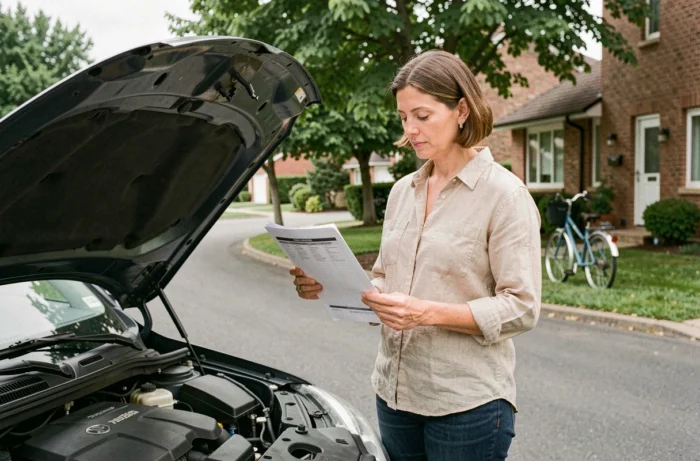 Femme consultant une liste d'entretien voiture devant le capot ouvert dans une allée résidentielle