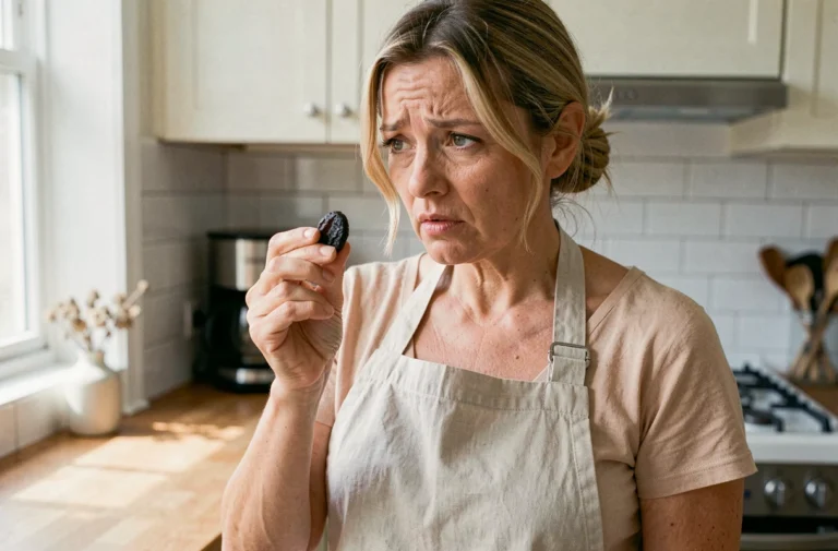 Femme examinant des pruneaux séchés dans une cuisine pour vérifier leur fraîcheur avant consommation