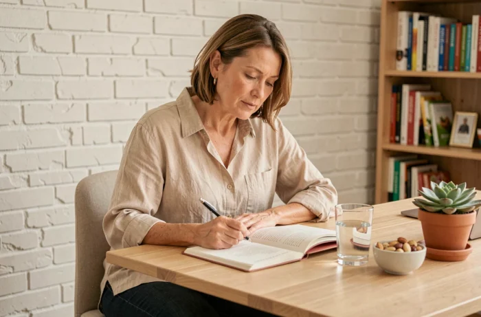 Femme tenant un journal de bien-être et suivant ses conseils nutritionnels pour maigrir facilement