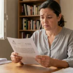 Femme lisant attentivement une amende DGT espagnole en français à son bureau à domicile