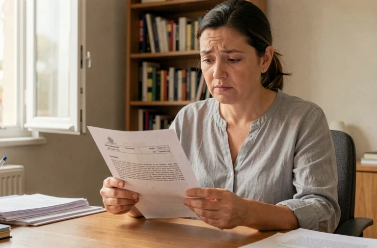 Femme lisant attentivement une amende DGT espagnole en français à son bureau à domicile