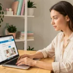Jeune femme naviguant sur un blog lifestyle depuis son bureau en bois avec un ordinateur portable ouvert