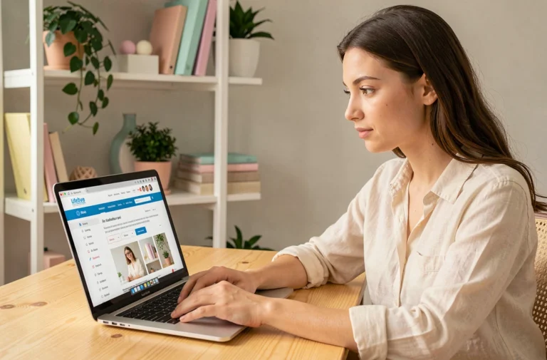 Jeune femme naviguant sur un blog lifestyle depuis son bureau en bois avec un ordinateur portable ouvert