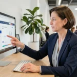 Femme professionnelle naviguant sur un plan de site de crédit sur un écran d'ordinateur de bureau dans un open space moderne