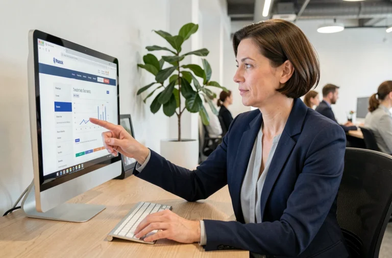Femme professionnelle naviguant sur un plan de site de crédit sur un écran d'ordinateur de bureau dans un open space moderne