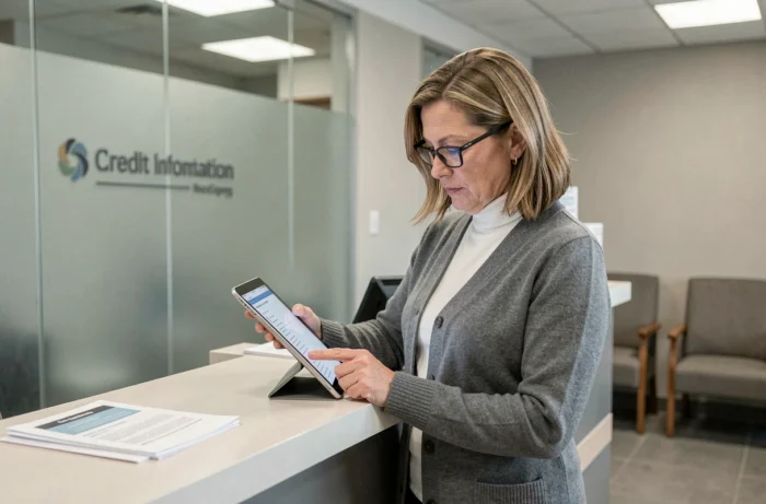 Femme d'âge mûr naviguant sur le plan du site d'une plateforme de crédit depuis une tablette dans un bureau d'accueil