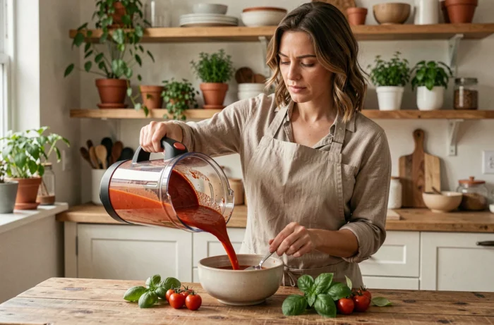 Femme versant de la soupe tomate chaude d'un NutriBullet chauffant dans un bol en céramique sur une table en bois rustique