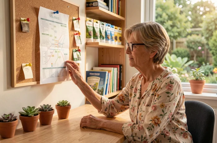 Femme étudiant un plan de site jardin affiché sur un tableau en liège dans un bureau à domicile