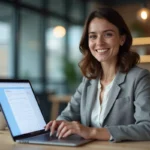 Femme professionnelle consultant le portail de formation 1 Objectif 1 Formation sur un ordinateur portable dans un espace de coworking moderne