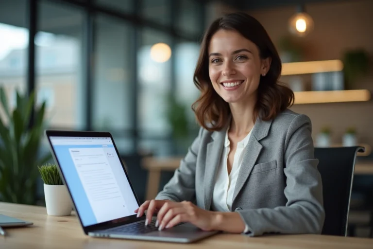 Femme professionnelle consultant le portail de formation 1 Objectif 1 Formation sur un ordinateur portable dans un espace de coworking moderne