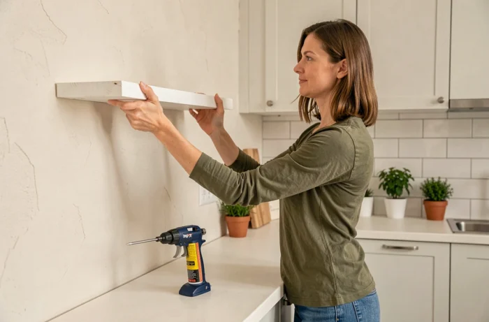 Femme fixant une étagère murale avec la colle Pattex Montage Classic dans une cuisine moderne