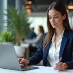 Femme professionnelle en blazer marine analysant des documents dans un bureau moderne pour choisir un métier bien rémunéré à 1800 euros net