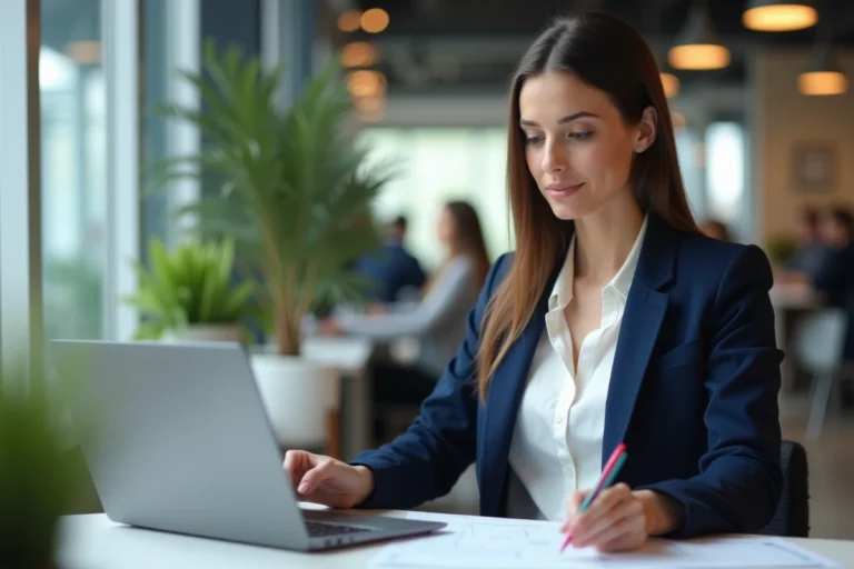 Femme professionnelle en blazer marine analysant des documents dans un bureau moderne pour choisir un métier bien rémunéré à 1800 euros net