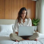 Femme consultant un site de réservation d'hébergement sur son ordinateur portable dans une chambre d'hôtel moderne