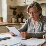 Femme retraitée inquiète lisant un courrier de baisse de retraite à sa table de cuisine avec des documents officiels