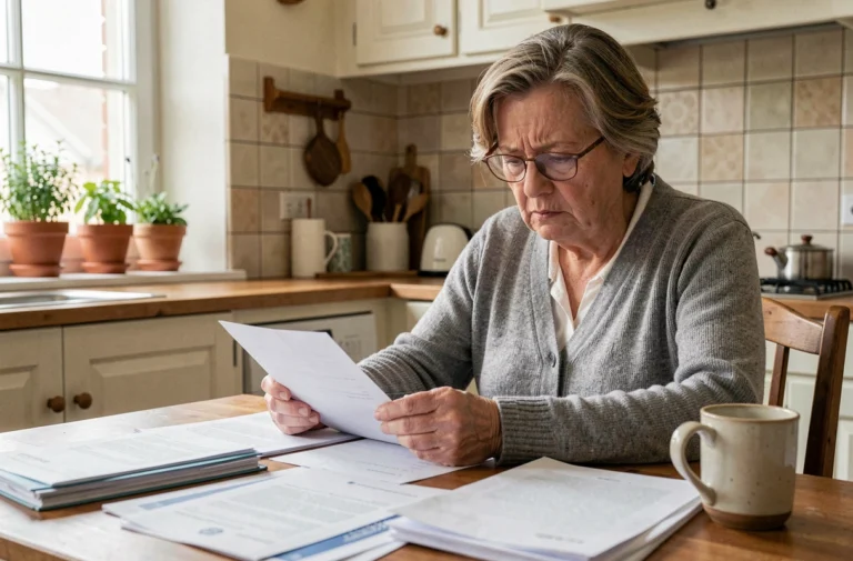 Femme retraitée inquiète lisant un courrier de baisse de retraite à sa table de cuisine avec des documents officiels