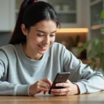 Femme utilisant un smartphone Android pour envoyer un SMS avec texte souligné dans une cuisine moderne
