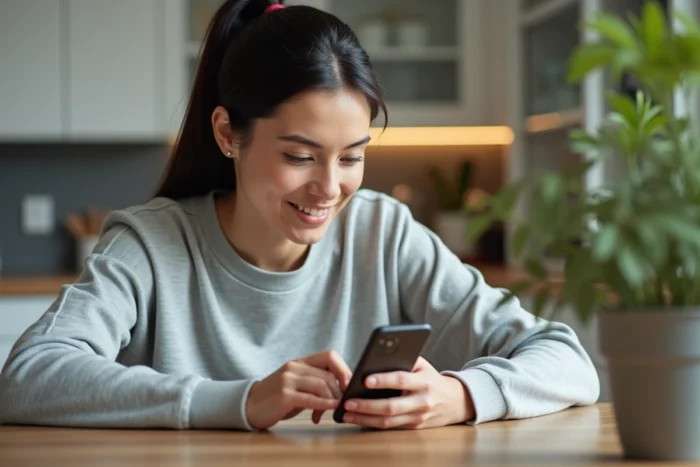 Femme utilisant un smartphone Android pour envoyer un SMS avec texte souligné dans une cuisine moderne