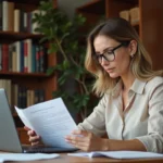 Femme consultant des documents de financement CPF pour une formation en œnologie à son bureau avec un verre de vin rouge