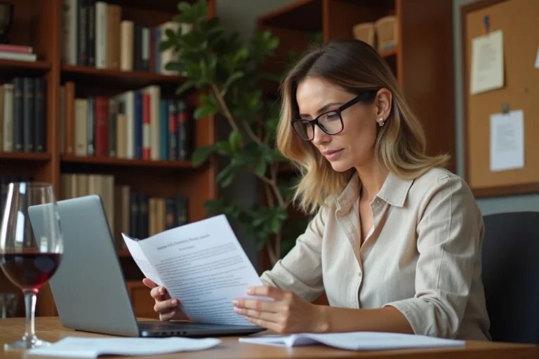 Femme consultant des documents de financement CPF pour une formation en œnologie à son bureau avec un verre de vin rouge