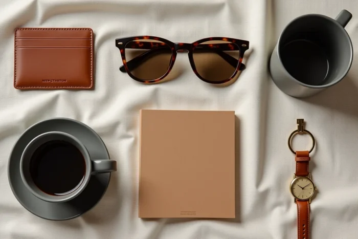 Flat lay d'accessoires du quotidien tendance — portefeuille en cuir, lunettes écaille, montre analogique et porte-clés en laiton sur fond de lin texturé