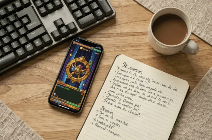 Vue aérienne d'un bureau avec smartphone affichant un jeu Pokémon navigateur, cahier de stratégie manuscrit et clavier mécanique