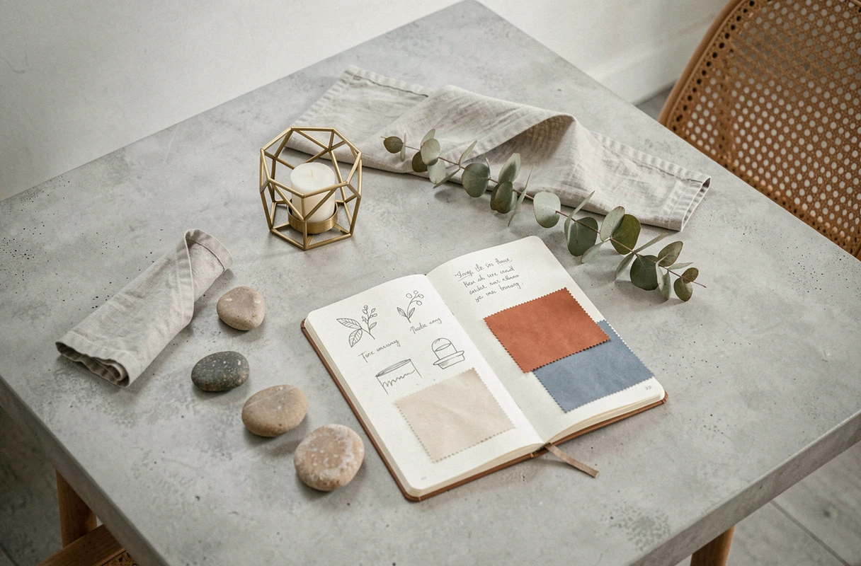 Flat lay de détails décoratifs tendance sur table en béton : bougeoir en laiton, eucalyptus séché et échantillons de tissus