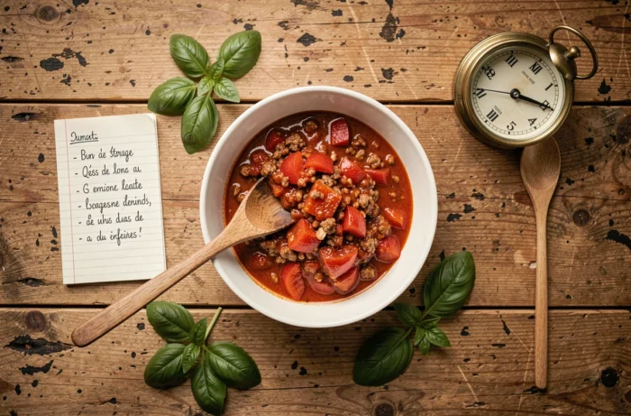 Vue de dessus d'un bol de sauce bolognaise maison avec un carnet de conseils de conservation et une cuillère en bois sur une table en bois