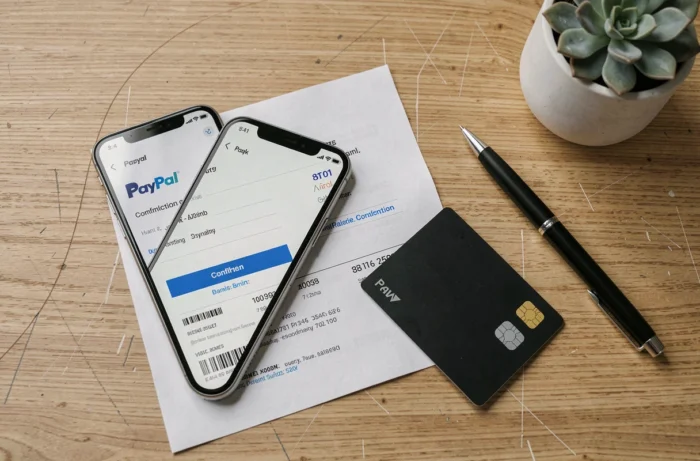 Vue de dessus d'un bureau avec smartphone PayPal, relevé bancaire et carte de crédit pour illustrer un transfert de solde Amazon