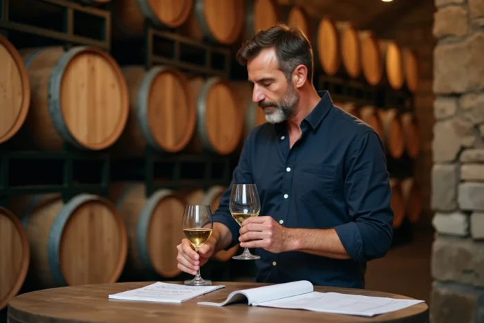 Homme en cave viticole analysant un vin blanc lors d'une formation en œnologie financée par le CPF